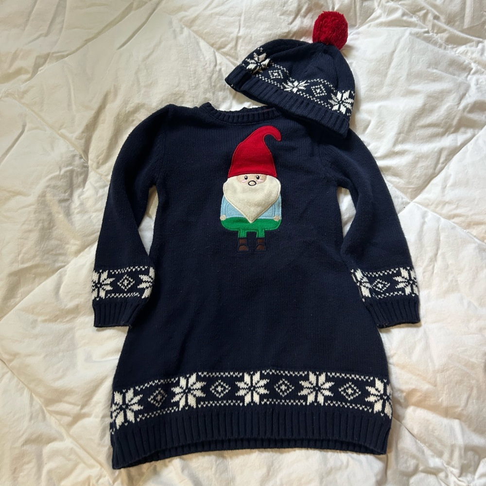 Navy Blue Kids Dress with Gnome Design